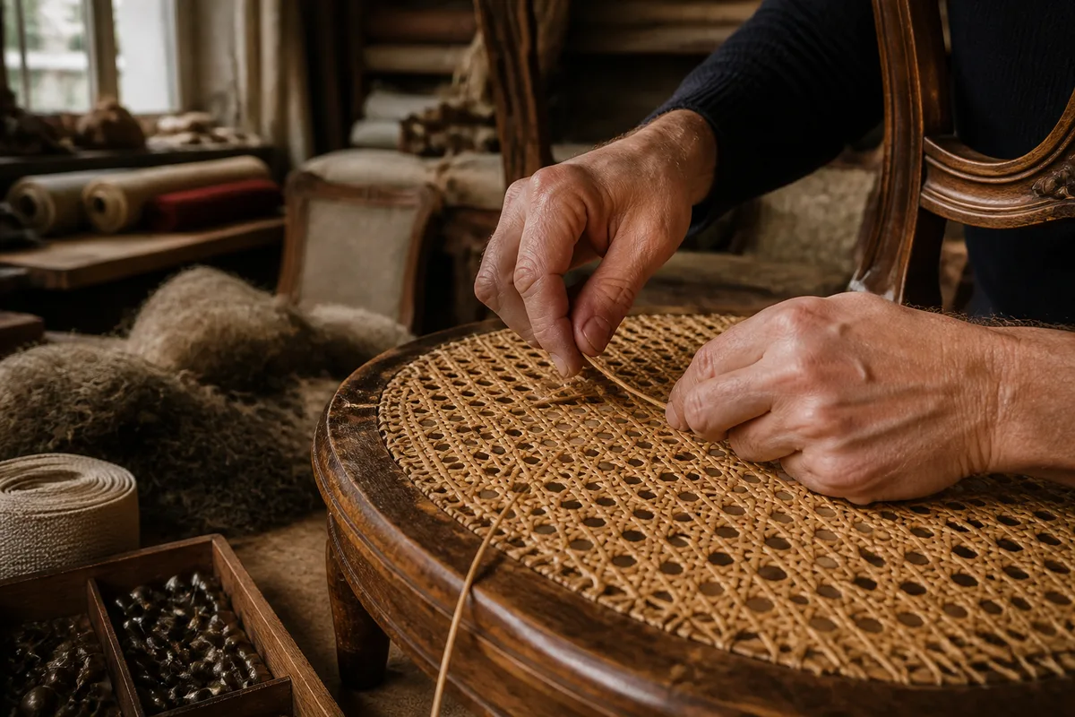 Mains d&rsquo;artisan tressant un cannage traditionnel brin par brin