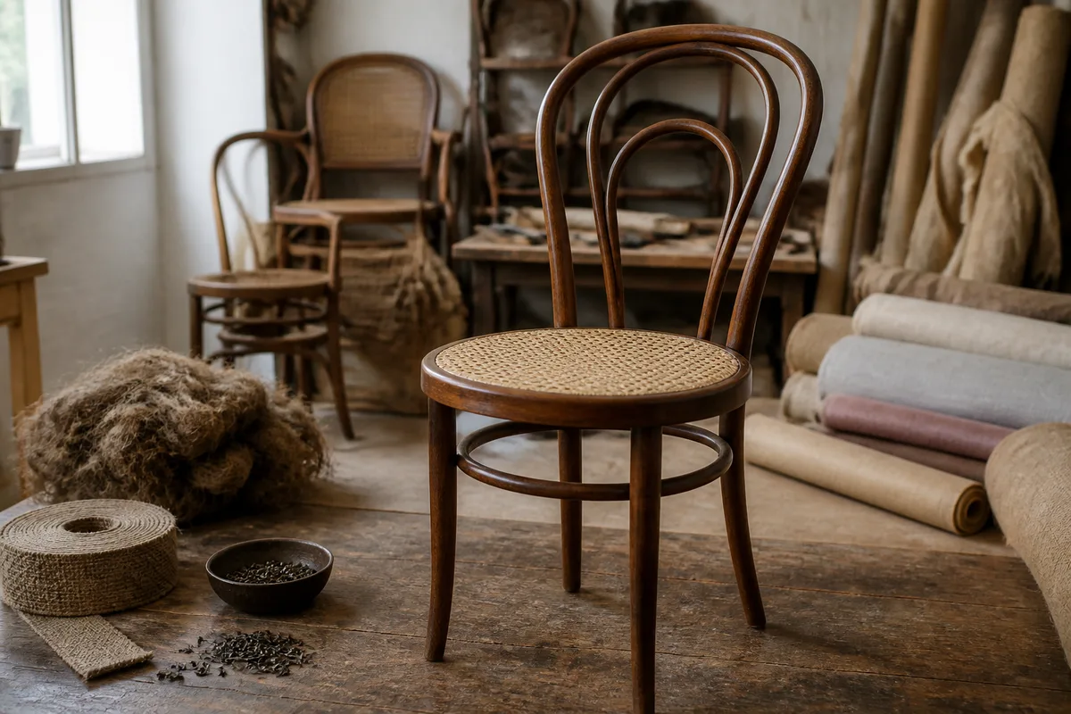 Chaise bistrot au cannage neuf dans un atelier parisien