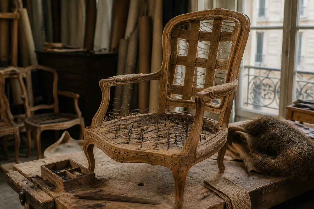 Fauteuil Voltaire dégarni montrant ressorts et sangles anciennes