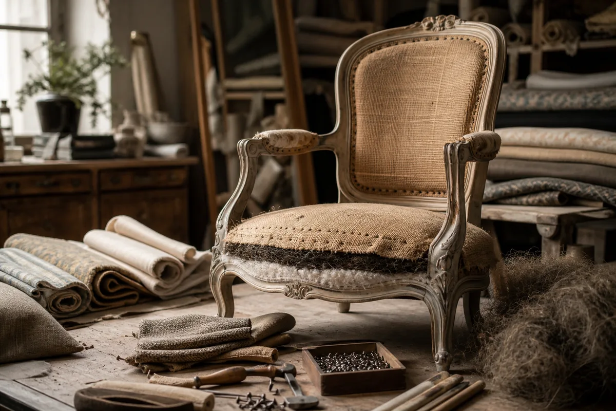 Réfection d'un fauteuil Voltaire : étapes, tissus et coût chez le tapissier