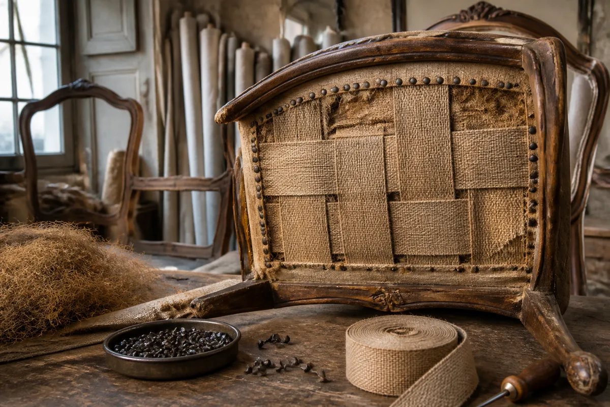Dessous d&rsquo;un fauteuil ancien montrant sangles de jute et semences forgées