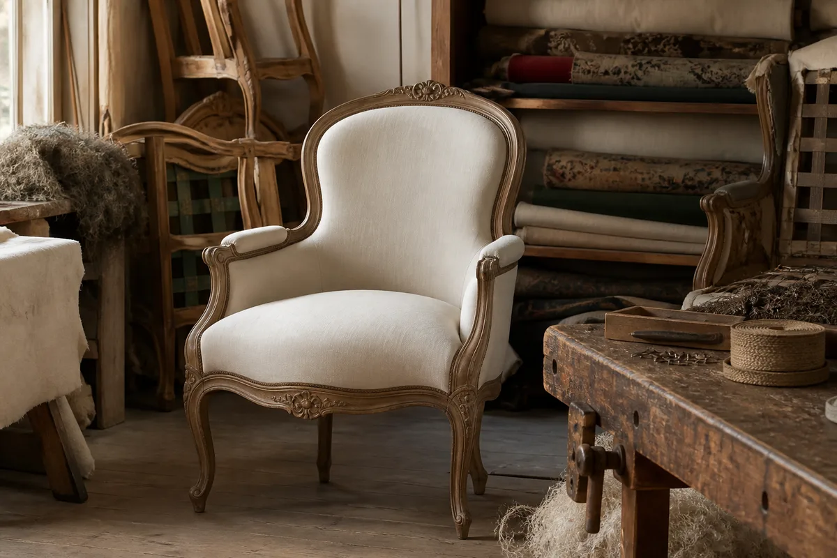 Fauteuil ancien restauré, garniture galbée et tissu neuf posé