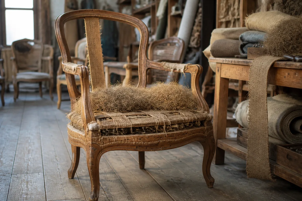 Fauteuil ancien en cours de dégarnissage dans un atelier