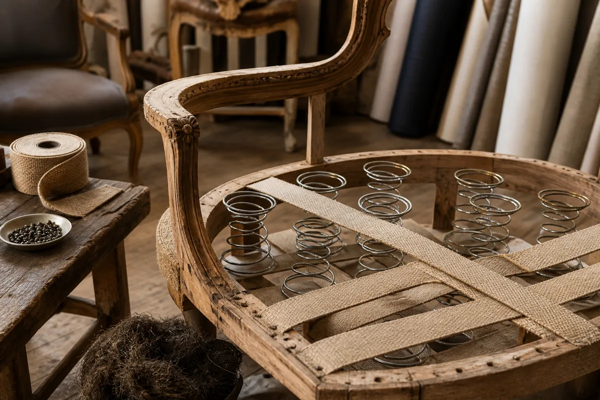 Ressorts et sangles neuves posés sur un châssis de fauteuil