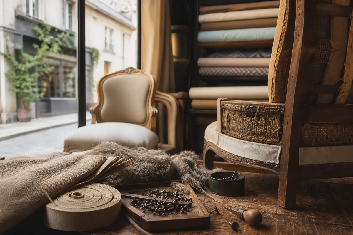 Boutique atelier de tapissier dans une rue commerçante parisienne