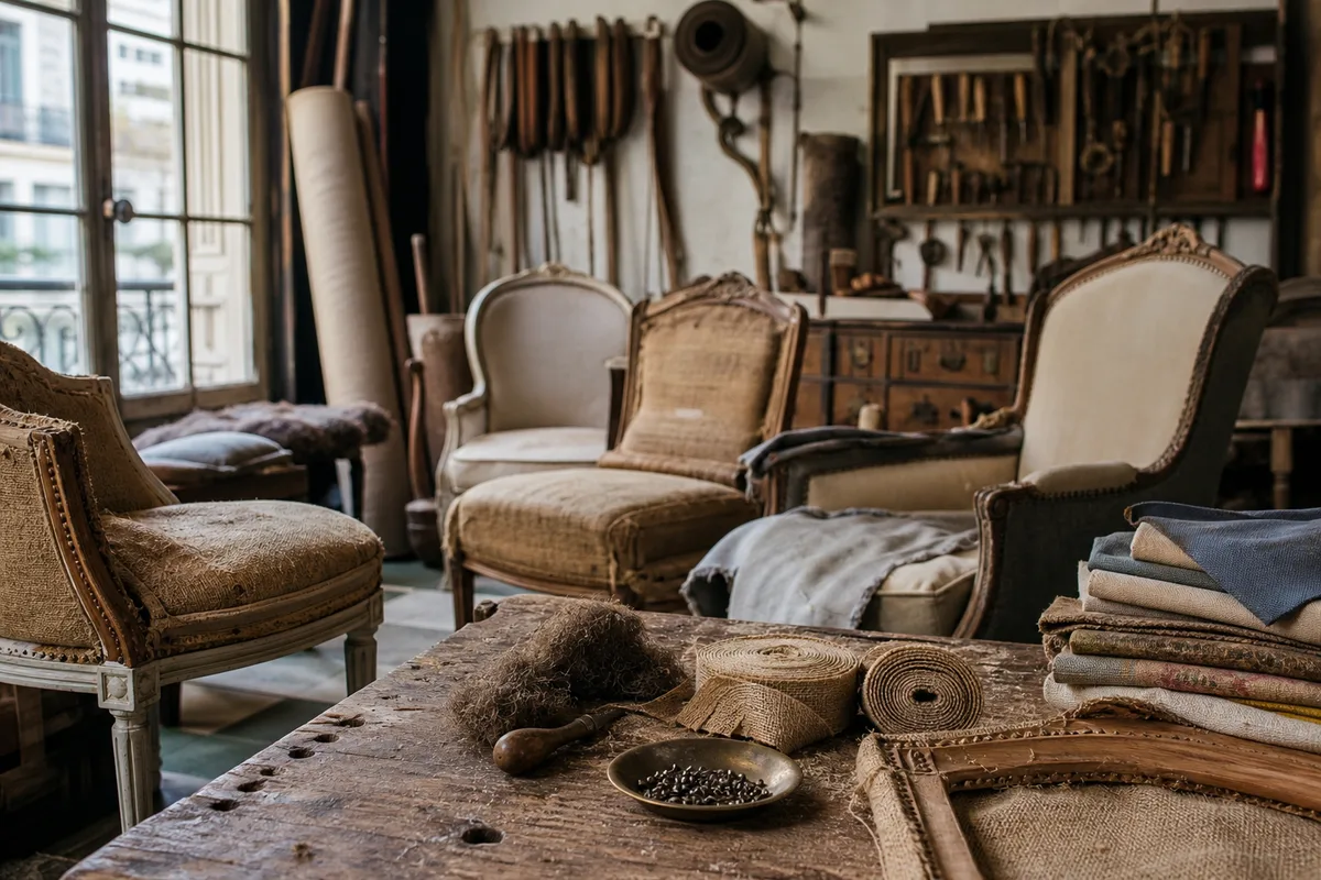 Atelier de tapissier avec fauteuils en cours de réfection