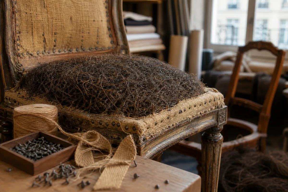 Détail de garniture traditionnelle en crin sur un siège ancien