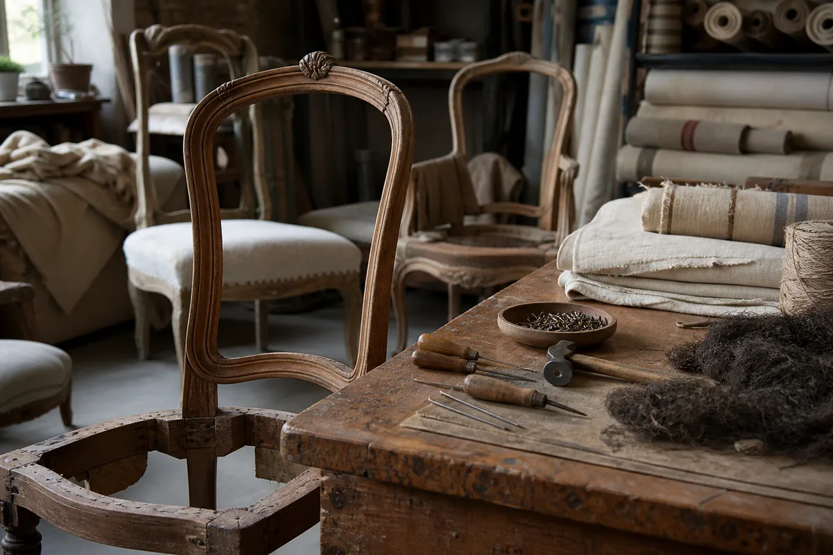 Atelier de tapissier en zone artisanale avec sièges en attente