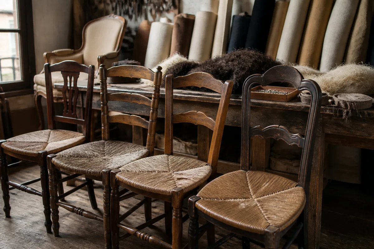 Chaises paillées anciennes alignées avant restauration